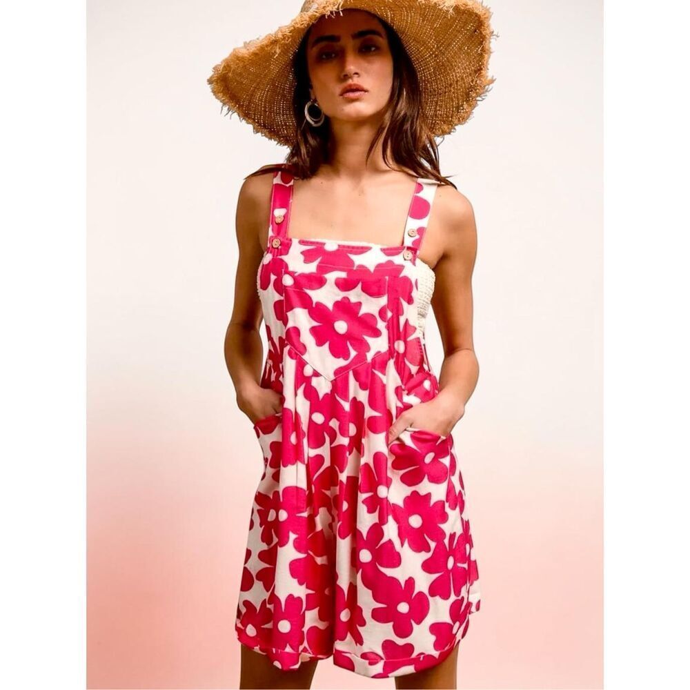 Bibi Floral Romper Pink Summer Boho Romper Pocket Short Overall Shortalls NEW - Picture 5 of 13